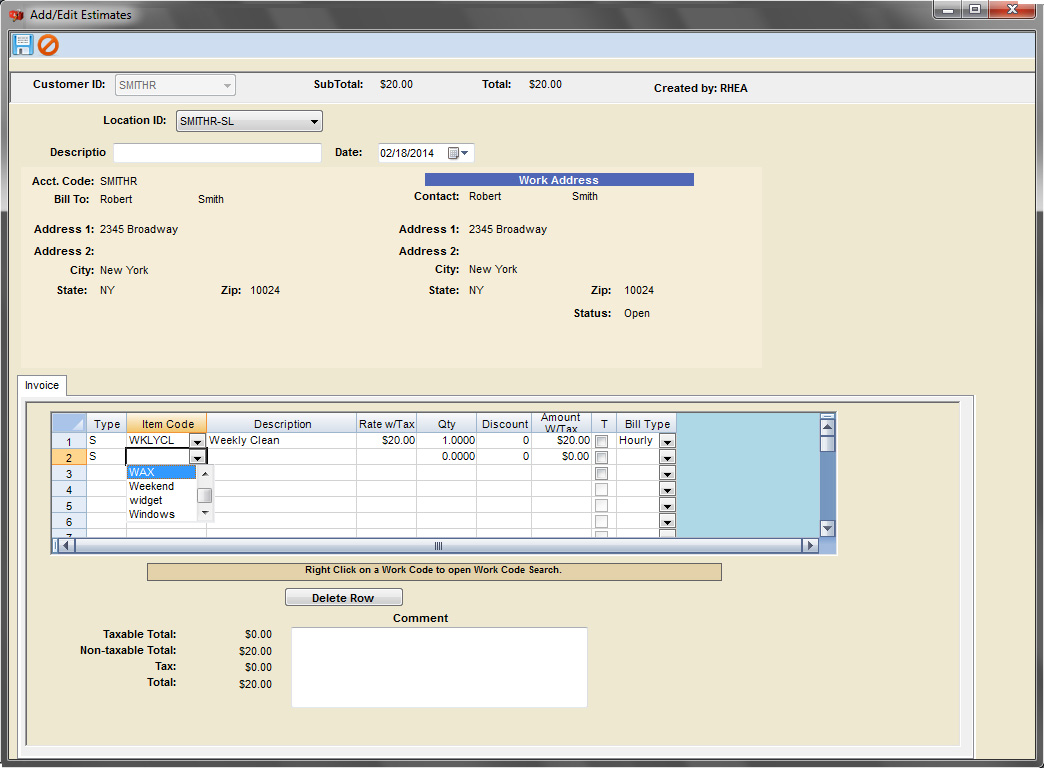 Invoice-style estimate screen in Scheduling Manager